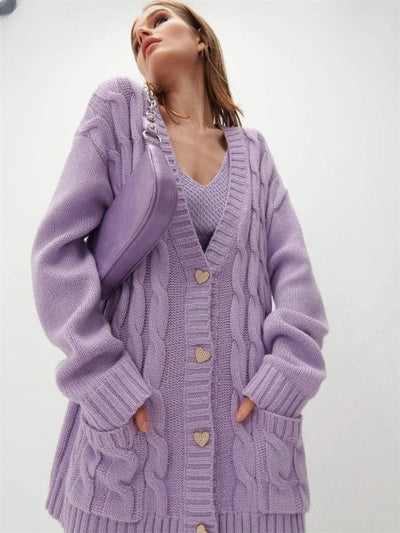 Women's Oversized Cardigan with Heart Buttons: Warm Knitted Sweater for Fall and Winter