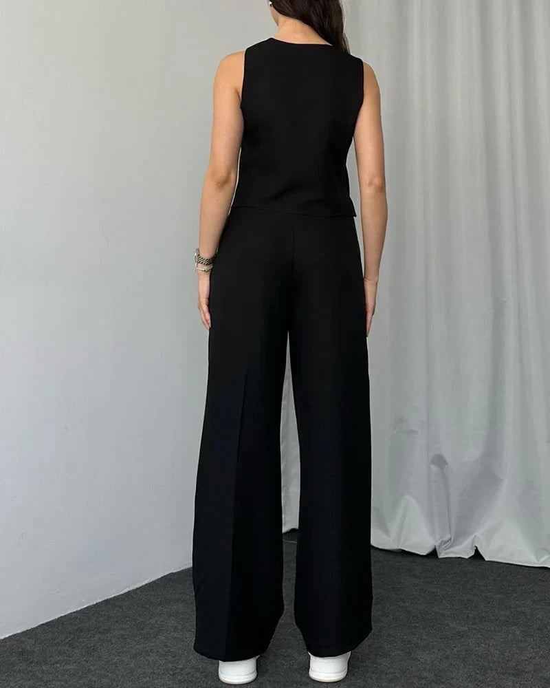 Helena - Solid color casual vest two-piece set.