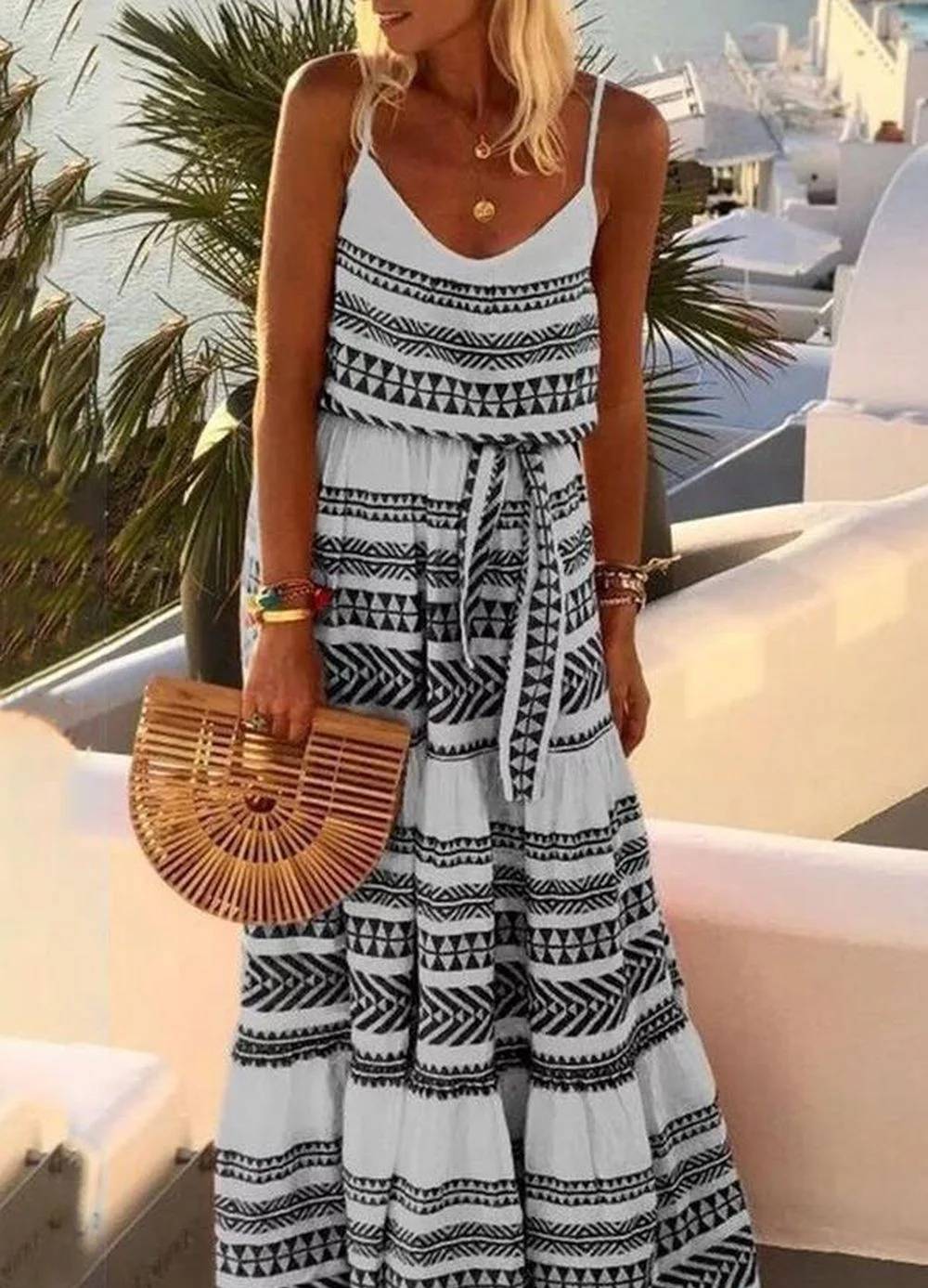 Helena - Bohemian geometric print V-neck strap dress