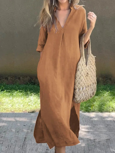 Vicky - Women's Solid Color V-Neck Pocket Linen Dress