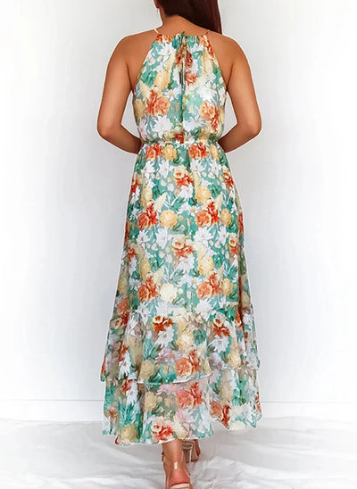 Delia - Elegant Floral Halter Waist Skirt Dresses