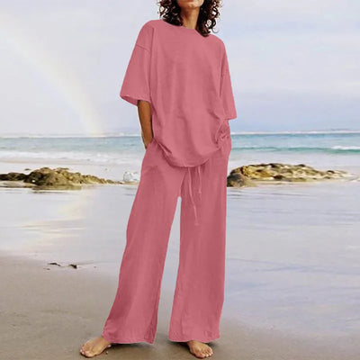 Frida - Casual Set with Belt and Pockets, Half-Sleeve Round Neck Top and Wide-Leg Pants