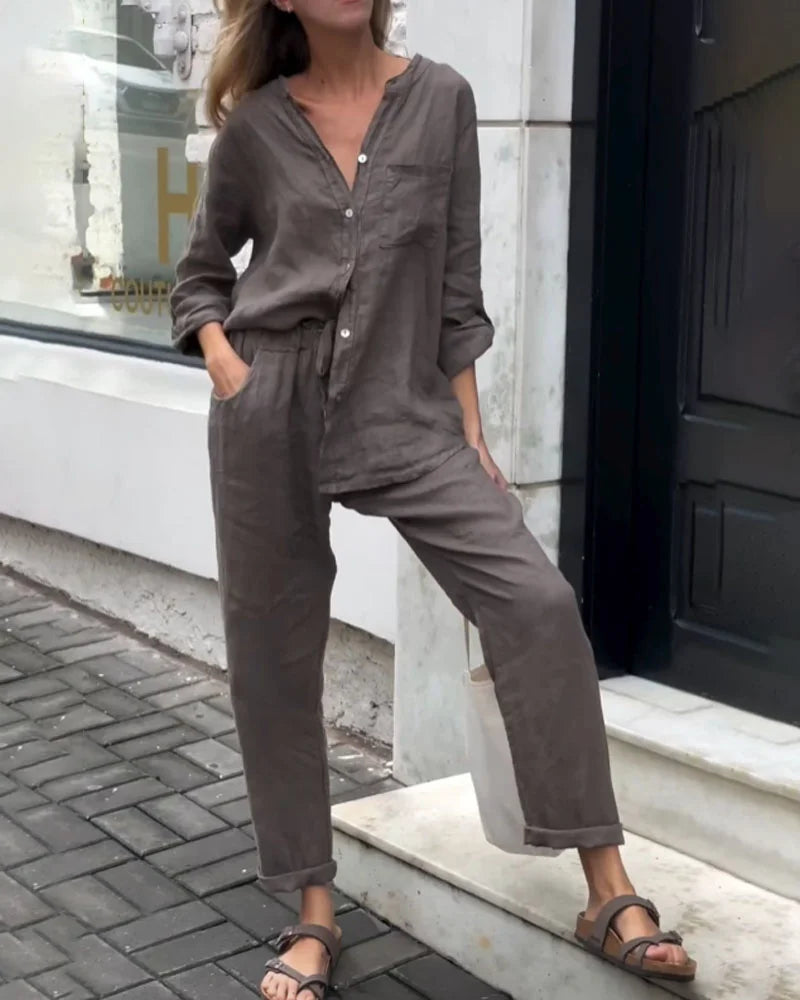Michelle - Casual Two-Piece Cotton Linen V-Neck Top and Solid Color V-Neck Shirt Set