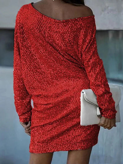Asymmetrical one-shoulder mini dress with sequin details and loose A-line cut