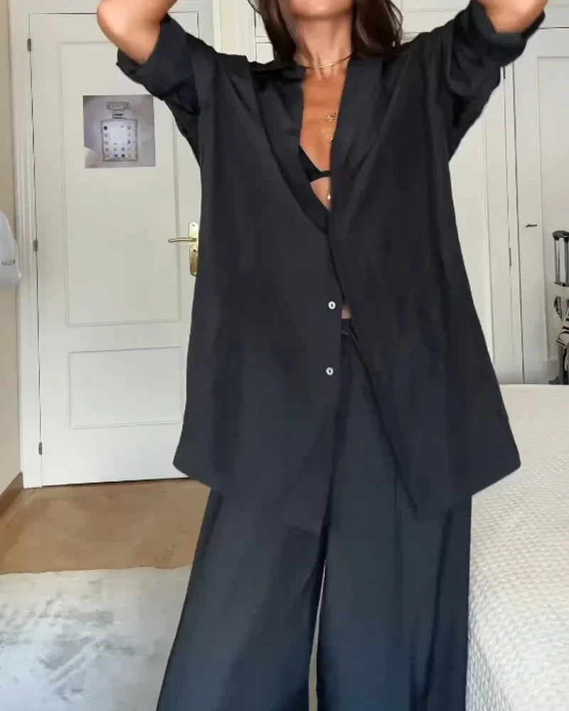Modern two-piece set for women with solid-colored shirt and pants
