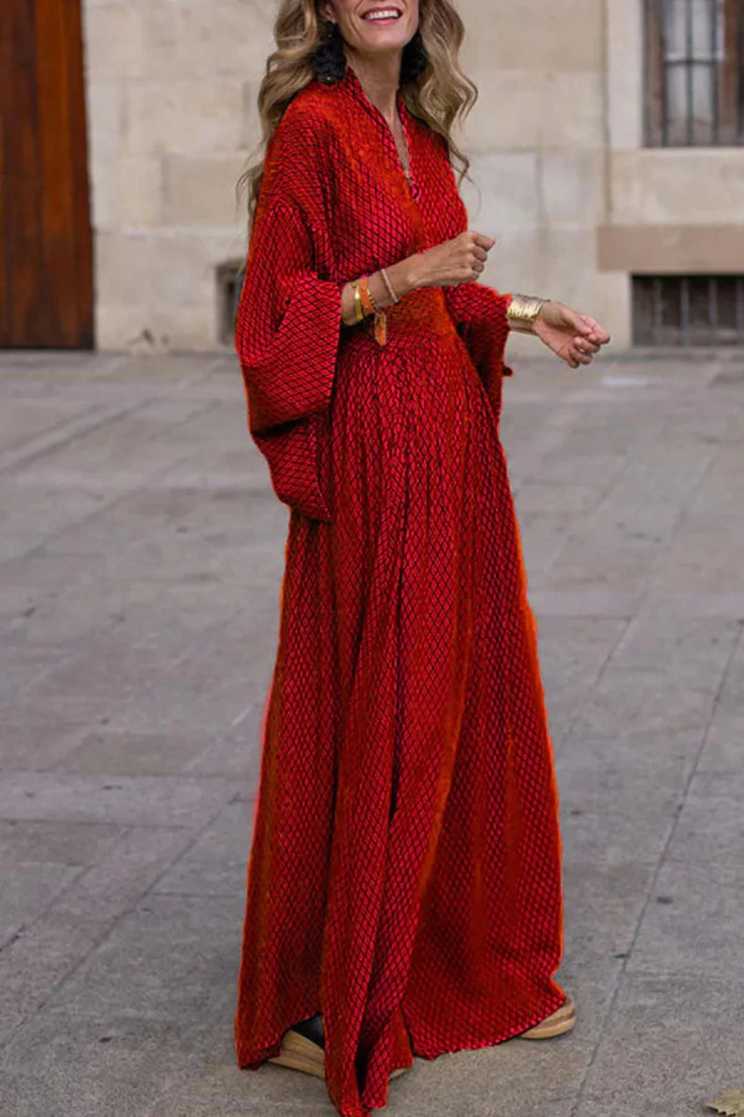 Gemma - Long Sleeve Maxi Dress with V Neck and Geometric Print