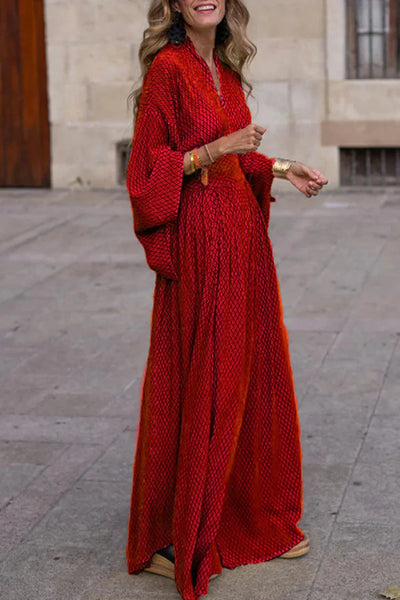 Gemma - Long Sleeve Maxi Dress with V Neck and Geometric Print