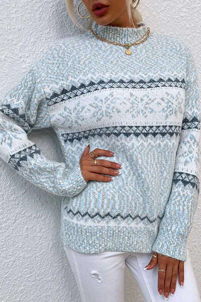 Contrast collar sweater with snow print for winter walks