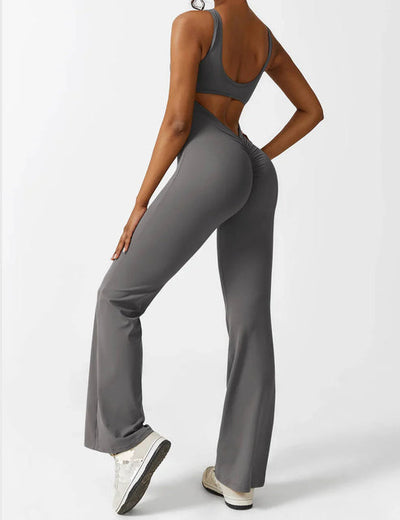 Elegant style V-back flared long jumpsuit