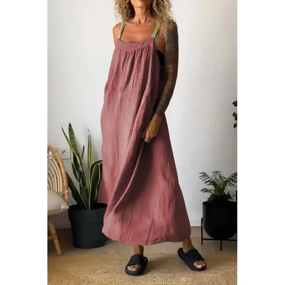 Charlotte - Long chambray dress with pockets and contrast straps in Beau Blue
