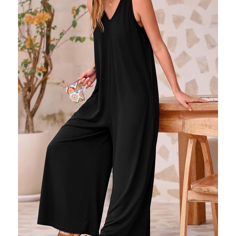 Women's summer long jumpsuit with V-neck straps and casual style wide-legged pants