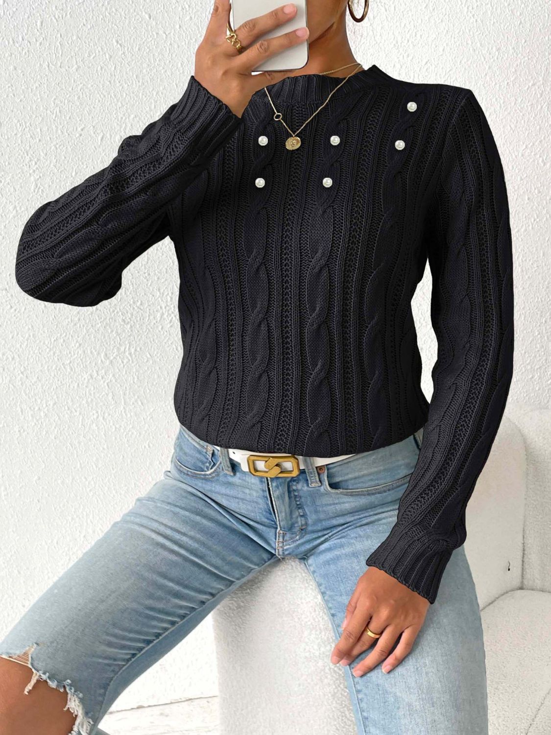 Exquisite sweater with braids and decorative beads