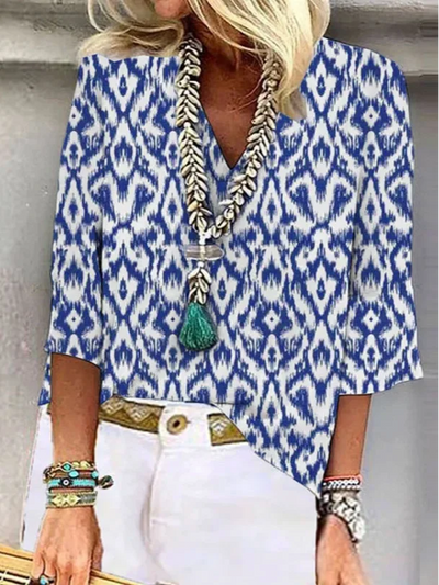 Diana - Women's 3/4 Sleeve V-Neck Abstract Floral Colorful Summer Blouse