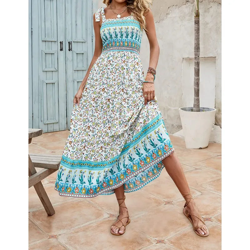Casandra - Women's Loose Long Summer Bohemian Printed Strappy Dresses