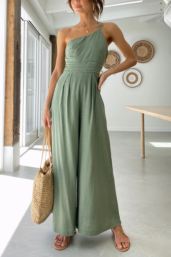 Elegant summer wide-leg jumpsuit with a single thin shoulder strap