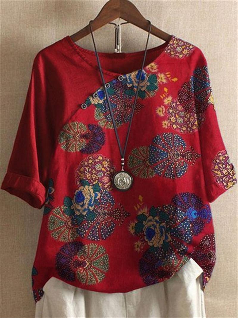 Linda - Women's Short-Sleeved Button-Down Shirt with Floral Motif