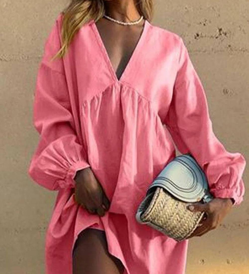 Virginia - Casual V-neck dress with pleated lantern sleeves