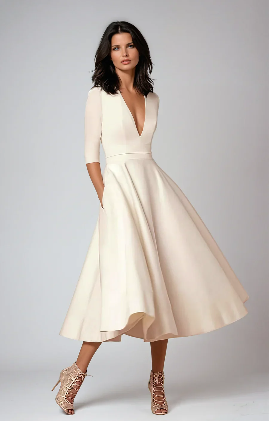 Retro A-line flared dress with V-neckline and three-quarter sleeves