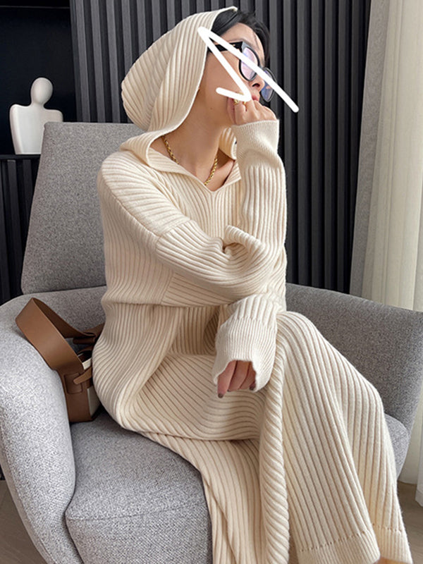 Elegant Striped Hooded Dress with Long Sleeves in Peach