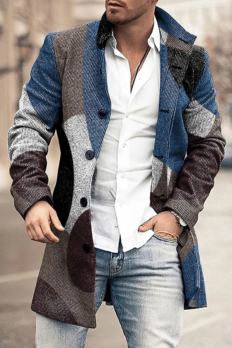 Men's Blue Geometric Print Coat - Stylish Outerwear for All Seasons