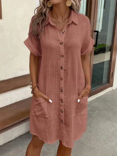 Karla - Cotton and linen shirt dress with lapels and short sleeves