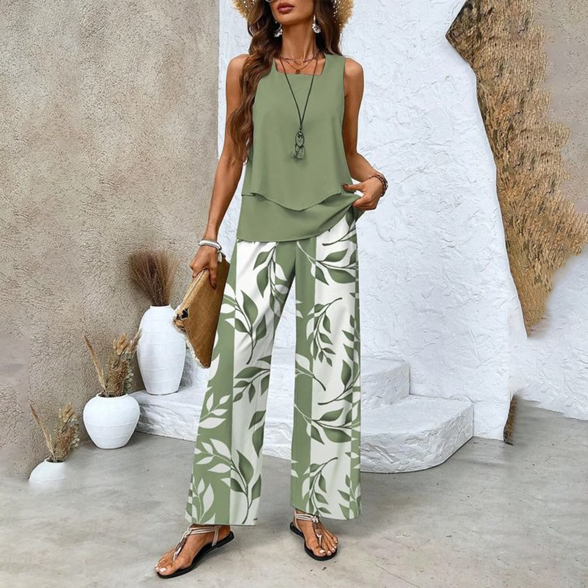 Modern two-piece set with sleeveless top and printed pants