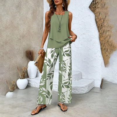 Modern two-piece set with sleeveless top and printed pants