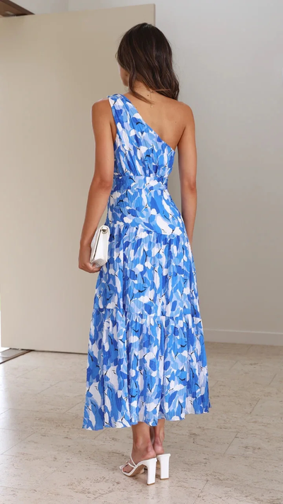 Vanessa - Blue One Shoulder Floral Midi Dress