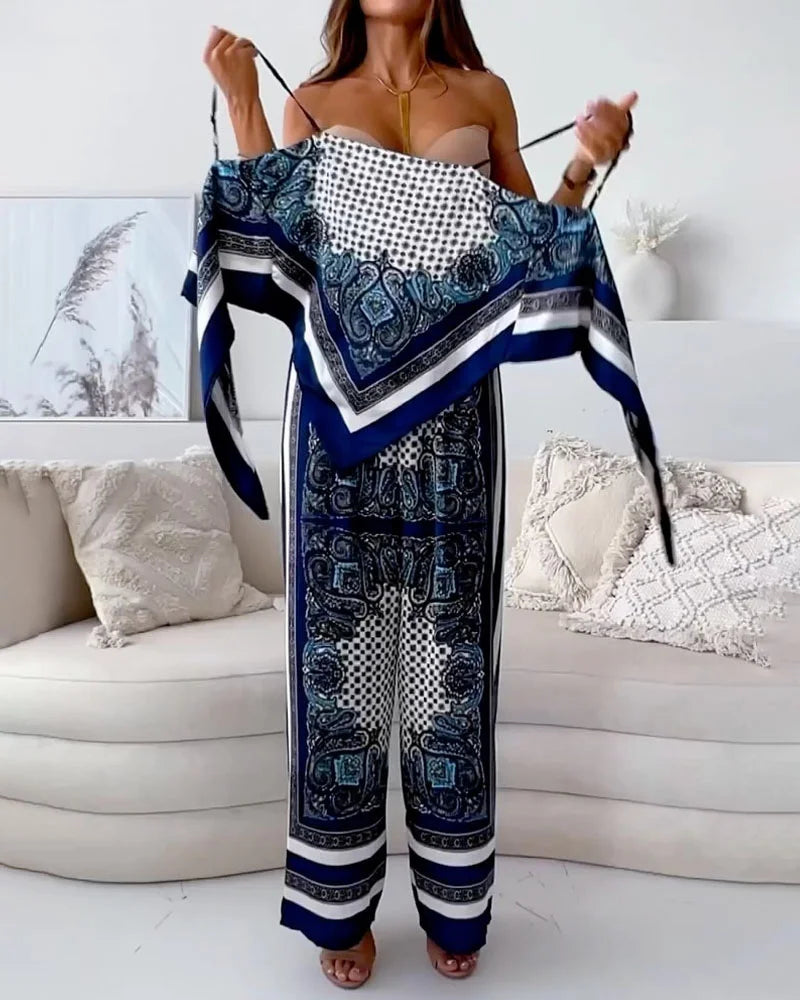 Modern Two Piece Set with Printed Top and Adjustable Pants for Elegant Women