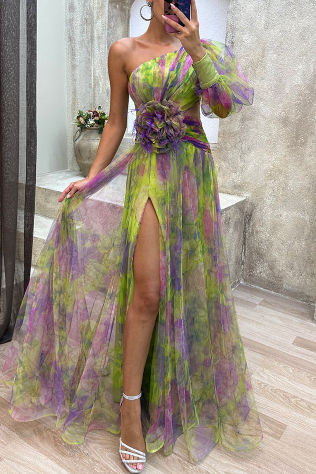 Janie - Elegant One-Sleeve Floral Print Dress