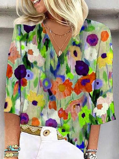 Diana - Women's 3/4 Sleeve V-Neck Abstract Floral Colorful Summer Blouse