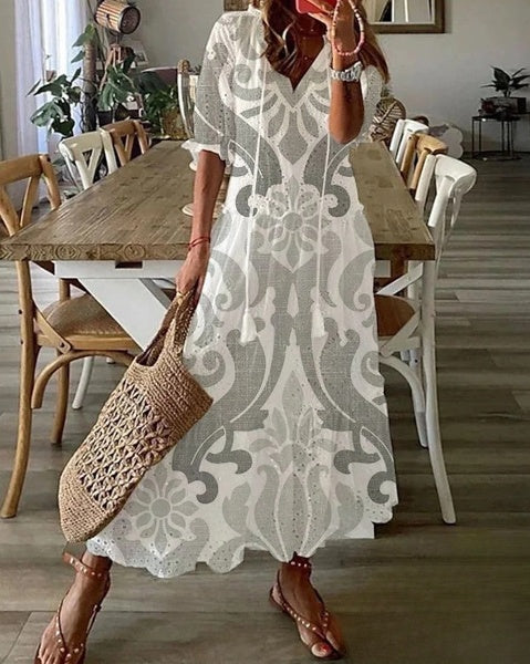 Evelyn - Bohemian Short Sleeve Drawstring Print V-Neck Midi Dress