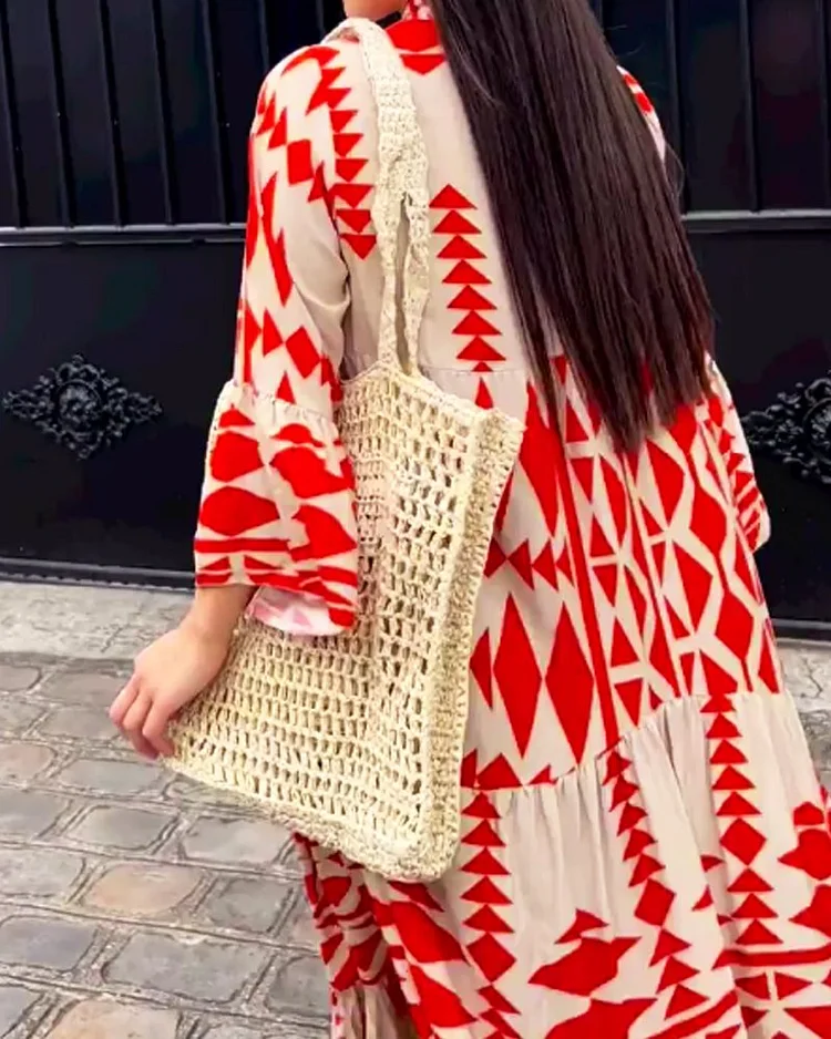 Kimy Women's Fashion, Casual, V-Neck, Long Sleeve, Printed Dress