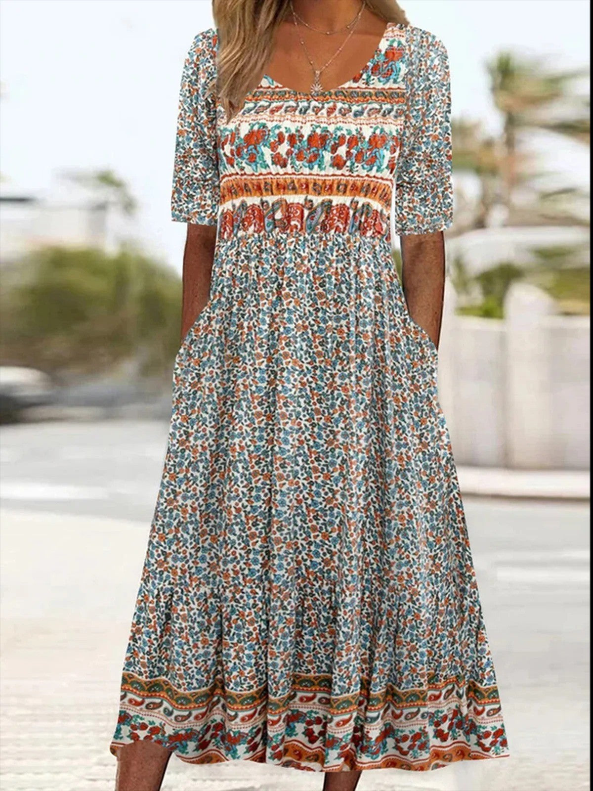 Women's long dress with a color-coordinated design