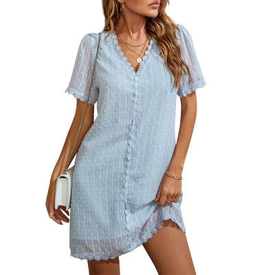 Camila - Women's V-Neck Lace Patchwork Half Sleeve Dress - Casual Style