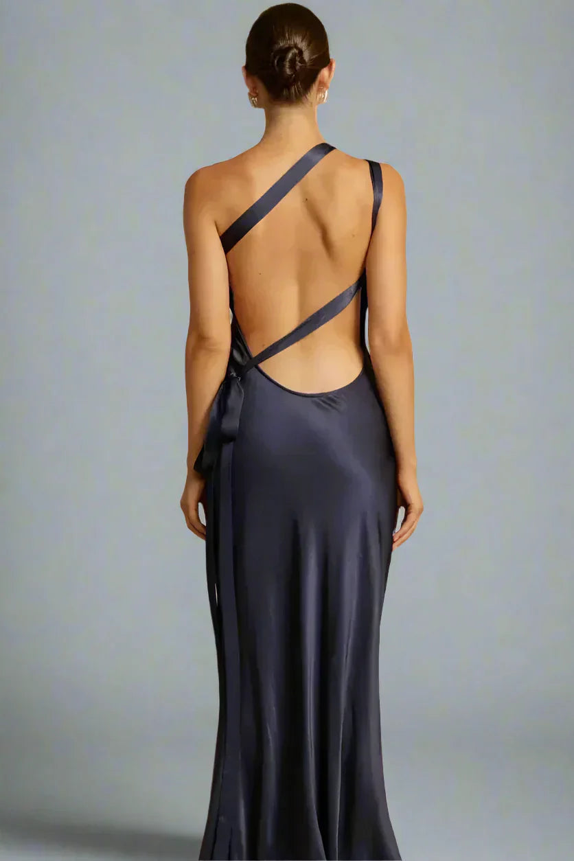 Elegant one-shoulder long dress with open back and asymmetrical neckline, ideal for special events