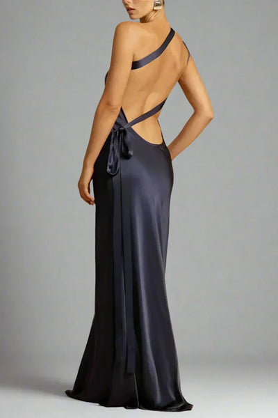 Elegant one-shoulder long dress with open back and asymmetrical neckline, ideal for special events