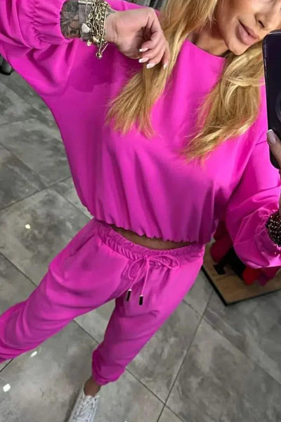 Women's Two-Piece Set - Solid Color Shirt and Pants