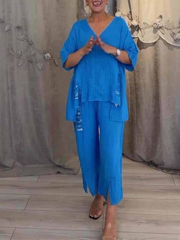 Women's summer two-piece set with a loose V-neck blouse and loose pants