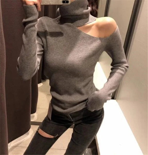 Elegant Off-the-Shoulder Knitted Sweater for Women – Long-Sleeved Turtleneck Pullover