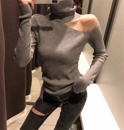 Elegant Off-the-Shoulder Knitted Sweater for Women – Long-Sleeved Turtleneck Pullover