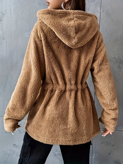 Women's Drawstring Hooded Teddy Jacket - Casual Zipper Outerwear