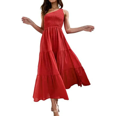 Simply Charmed Asymmetrical Off-the-Shoulder Midi Dress with Pockets