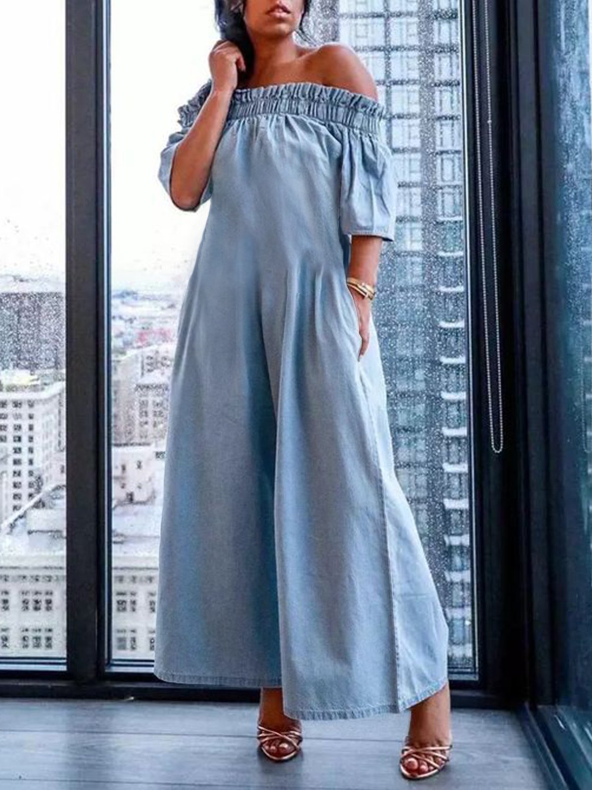 Daniela - Casual Off Shoulder Loose Denim Jumpsuit