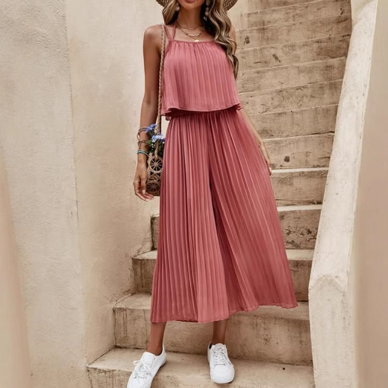 Loose summer set with thin strap top and long pleated skirt