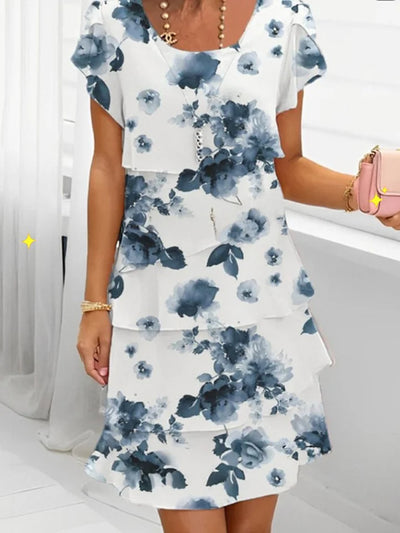 Short-sleeved layered floral print midi dress for summer