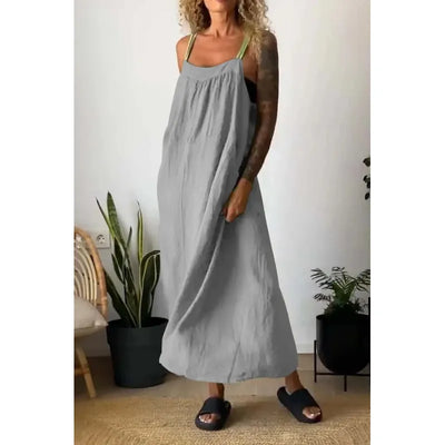 Charlotte - Long chambray dress with pockets and contrast straps in Beau Blue