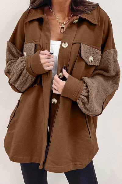 Brown Oversized Overshirt Jacket with Exposed Seams and Elbow Patch