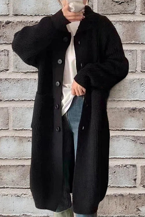 Women's Long Button-Down Cardigan with Collar and Pockets - Layered Sweater