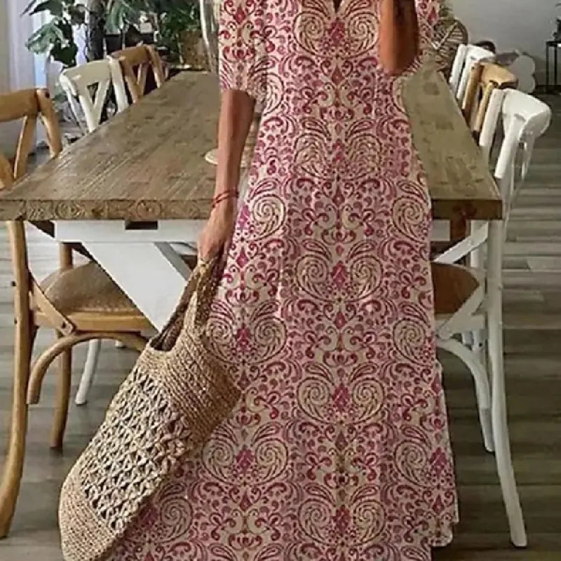 Delia - Women's Dresses Long V-neck Half Sleeve Dress with Beard Print